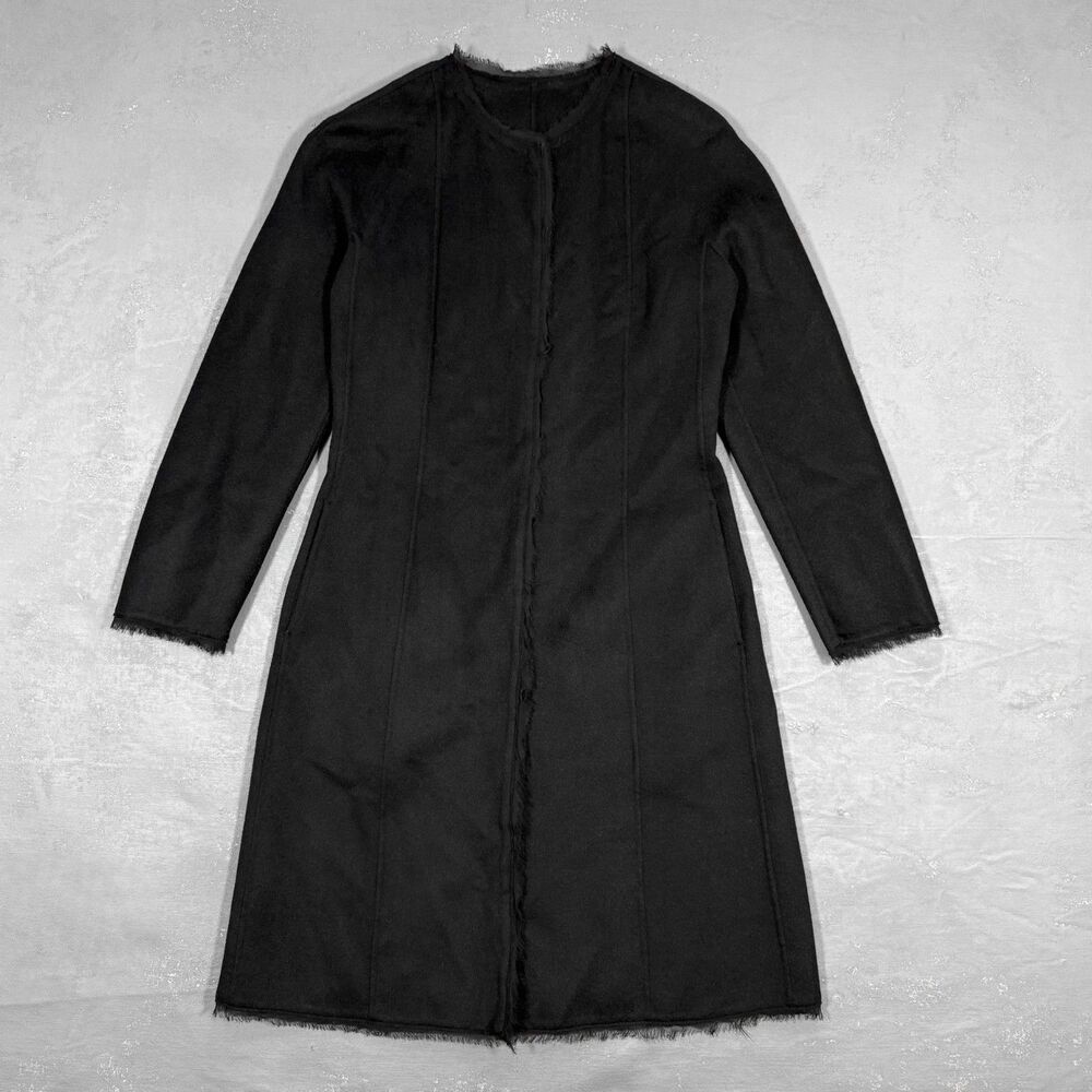 Women's Fitted Coat in Black Wool and Cashmere Blend w/ Raw Silk Edges